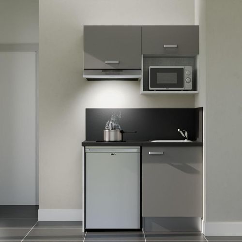 Kitchenette K02l-pt - 120 Cm-façade Gris-plan Noir Texturé-evier Inox-crédences Oui+electro Inox