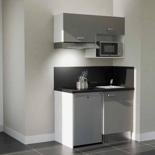 Kitchenette K02l-pt - 120 Cm-façade Gris-plan Noir Texturé-evier Inox-crédences Oui+electro Inox