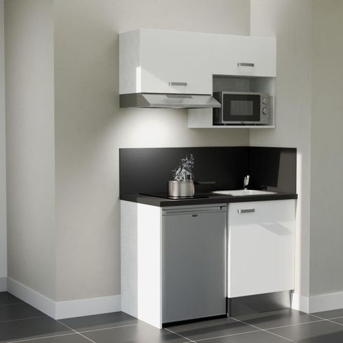 Kitchenette K02l-pt - 120 Cm-façade Blanc-plan Noir Texturé-evier Inox-crédences Oui+electro Inox