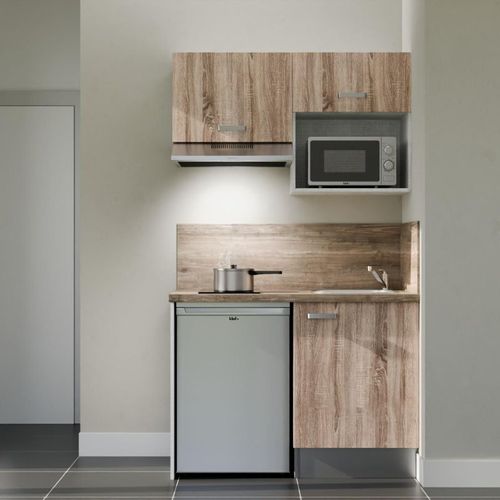 Kitchenette K02l-pt - 120 Cm-façade Bois-plan Bois-evier Inox-crédences Oui+electro Inox