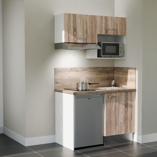 Kitchenette K02l-pt - 120 Cm-façade Bois-plan Bois-evier Inox-crédences Oui+electro Inox