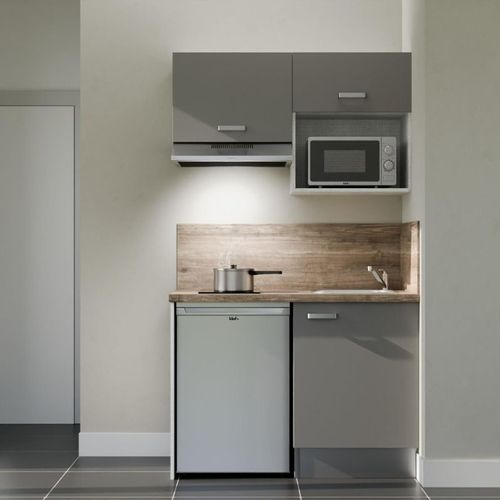 Kitchenette K02l-pt - 120 Cm-façade Gris-plan Bois-evier Inox-crédences Oui+electro Inox