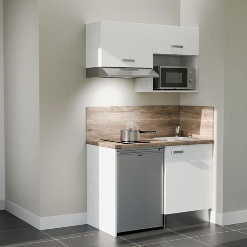 Kitchenette K02l-pt - 120 Cm-façade Blanc-plan Bois-evier Inox-crédences Oui+electro Inox
