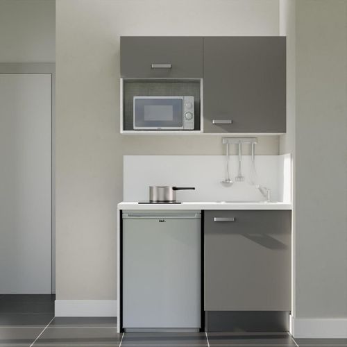 Kitchenette K07l-pt - 120 Cm-façade Gris-plan Blanc-evier Inox-crédences Oui+electro Inox