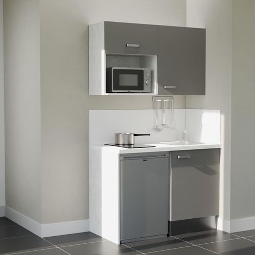 Kitchenette K07l-pt - 120 Cm-façade Gris-plan Blanc-evier Inox-crédences Oui+electro Inox