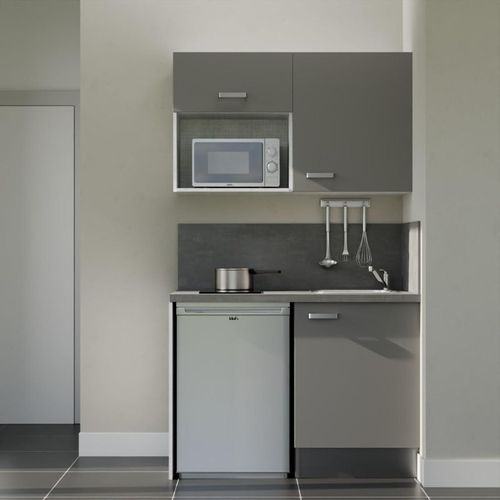 Kitchenette K07l-pt - 120 Cm-façade Gris-plan Gris Béton-evier Inox-crédences Oui+electro Inox