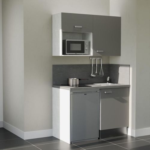Kitchenette K07l-pt - 120 Cm-façade Gris-plan Gris Béton-evier Inox-crédences Oui+electro Inox