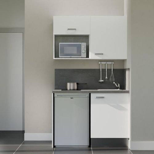 Kitchenette K07l-pt - 120 Cm-façade Blanc-plan Gris Béton-evier Inox-crédences Oui+electro Inox