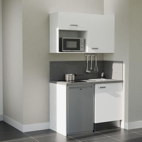Kitchenette K07l-pt - 120 Cm-façade Blanc-plan Gris Béton-evier Inox-crédences Oui+electro Inox