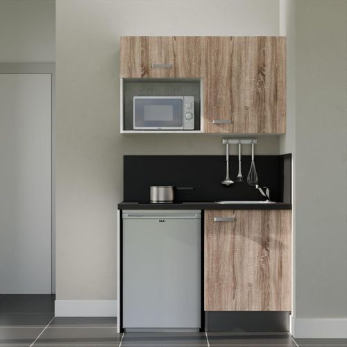 Kitchenette K07l-pt - 120 Cm-façade Bois-plan Noir Texturé-evier Inox-crédences Oui+electro Inox