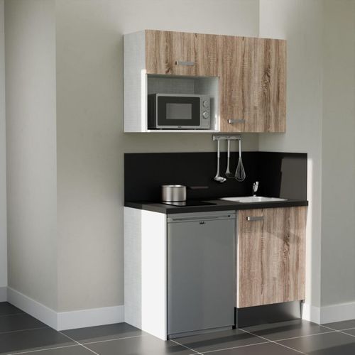 Kitchenette K07l-pt - 120 Cm-façade Bois-plan Noir Texturé-evier Inox-crédences Oui+electro Inox