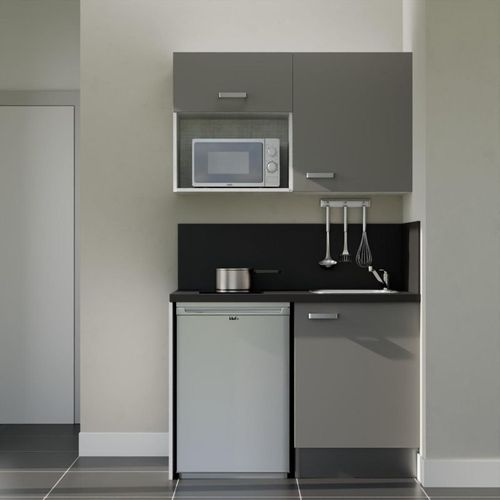 Kitchenette K07l-pt - 120 Cm-façade Gris-plan Noir Texturé-evier Inox-crédences Oui+electro Inox