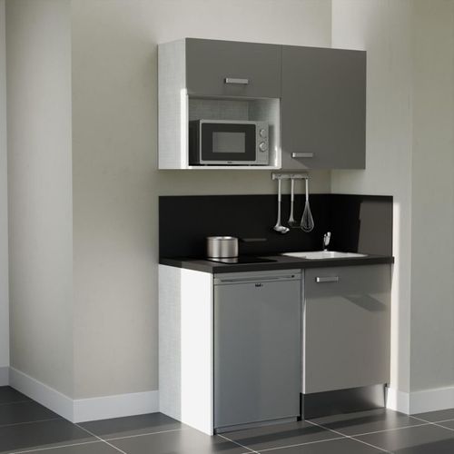 Kitchenette K07l-pt - 120 Cm-façade Gris-plan Noir Texturé-evier Inox-crédences Oui+electro Inox