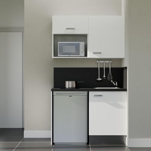 Kitchenette K07l-pt - 120 Cm-façade Blanc-plan Noir Texturé-evier Inox-crédences Oui+electro Inox