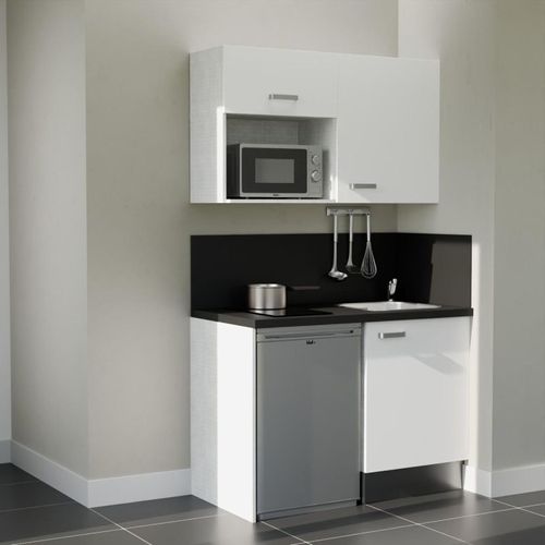 Kitchenette K07l-pt - 120 Cm-façade Blanc-plan Noir Texturé-evier Inox-crédences Oui+electro Inox