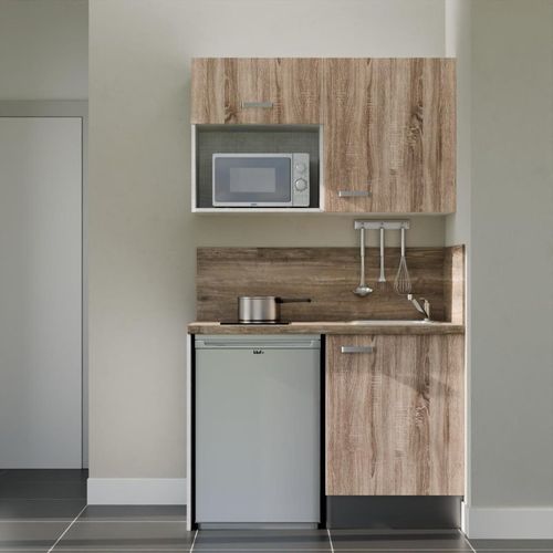 Kitchenette K07l-pt - 120 Cm-façade Bois-plan Bois-evier Inox-crédences Oui+electro Inox