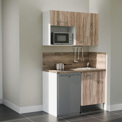Kitchenette K07l-pt - 120 Cm-façade Bois-plan Bois-evier Inox-crédences Oui+electro Inox