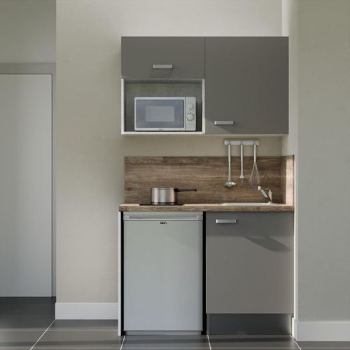 Kitchenette K07l-pt - 120 Cm-façade Gris-plan Bois-evier Inox-crédences Oui+electro Inox