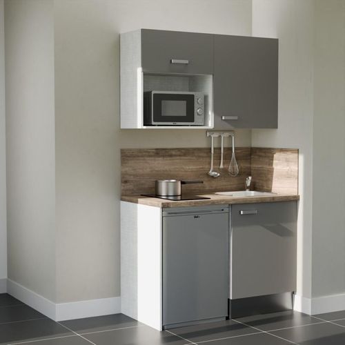 Kitchenette K07l-pt - 120 Cm-façade Gris-plan Bois-evier Inox-crédences Oui+electro Inox