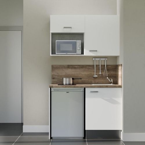 Kitchenette K07l-pt - 120 Cm-façade Blanc-plan Bois-evier Inox-crédences Oui+electro Inox