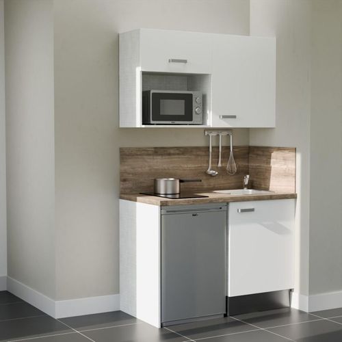 Kitchenette K07l-pt - 120 Cm-façade Blanc-plan Bois-evier Inox-crédences Oui+electro Inox