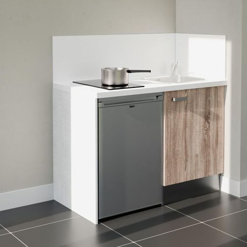 Kitchenette K08l-pt - 120 Cm-façade Bois-plan Blanc-evier Inox-crédences Oui+electro Inox