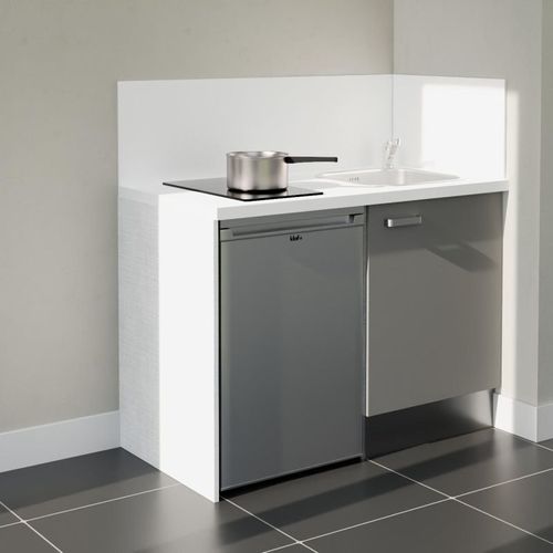 Kitchenette K08l-pt - 120 Cm-façade Gris-plan Blanc-evier Inox-crédences Oui+electro Inox