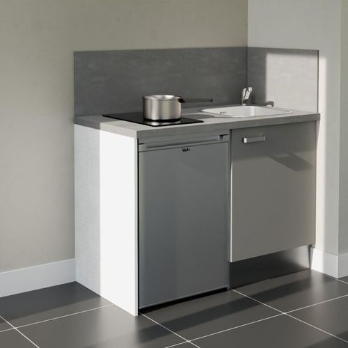 Kitchenette K08l-pt - 120 Cm-façade Gris-plan Gris Béton-evier Inox-crédences Oui+electro Inox
