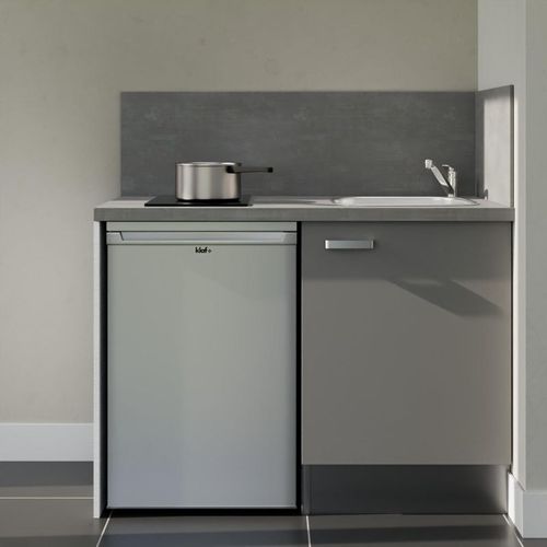 Kitchenette K08l-pt - 120 Cm-façade Gris-plan Gris Béton-evier Inox-crédences Oui+electro Inox