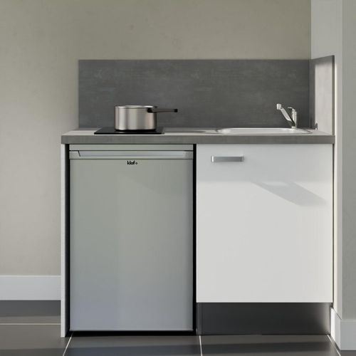 Kitchenette K08l-pt - 120 Cm-façade Blanc-plan Gris Béton-evier Inox-crédences Oui+electro Inox