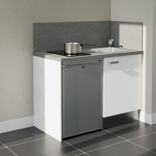 Kitchenette K08l-pt - 120 Cm-façade Blanc-plan Gris Béton-evier Inox-crédences Oui+electro Inox