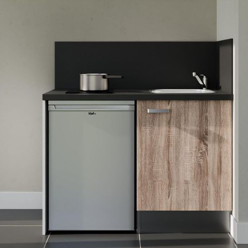 Kitchenette K08l-pt - 120 Cm-façade Bois-plan Noir Texturé-evier Inox-crédences Oui+electro Inox