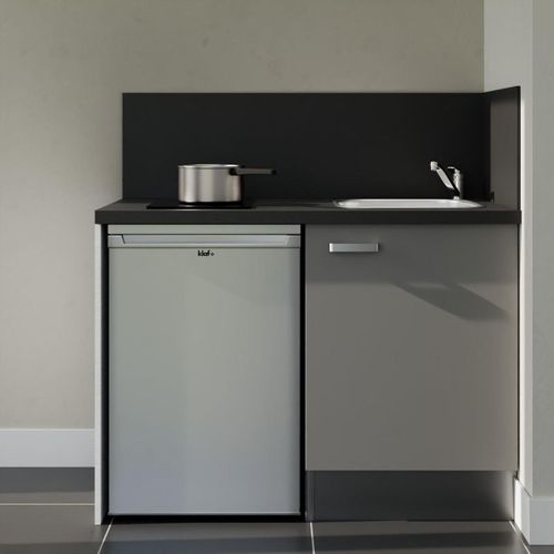 Kitchenette K08l-pt - 120 Cm-façade Gris-plan Noir Texturé-evier Inox-crédences Oui+electro Inox