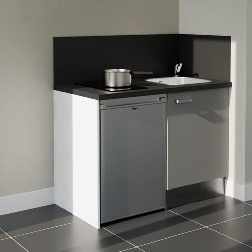 Kitchenette K08l-pt - 120 Cm-façade Gris-plan Noir Texturé-evier Inox-crédences Oui+electro Inox