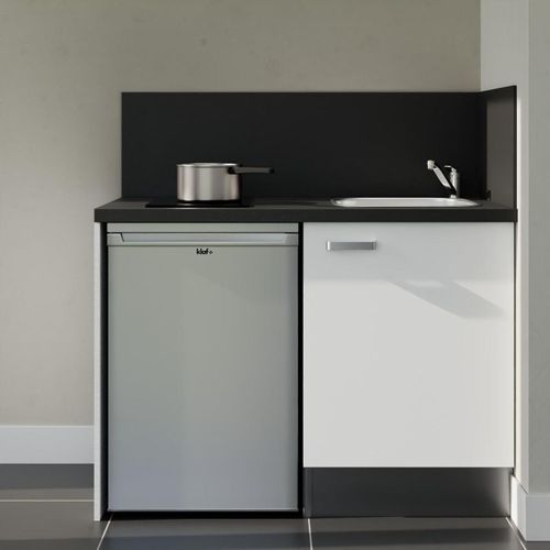 Kitchenette K08l-pt - 120 Cm-façade Blanc-plan Noir Texturé-evier Inox-crédences Oui+electro Inox