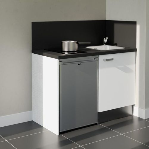 Kitchenette K08l-pt - 120 Cm-façade Blanc-plan Noir Texturé-evier Inox-crédences Oui+electro Inox