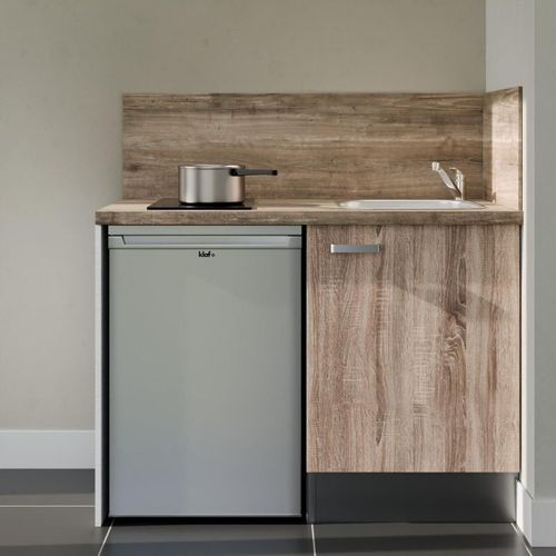 Kitchenette K08l-pt - 120 Cm-façade Bois-plan Bois-evier Inox-crédences Oui+electro Inox