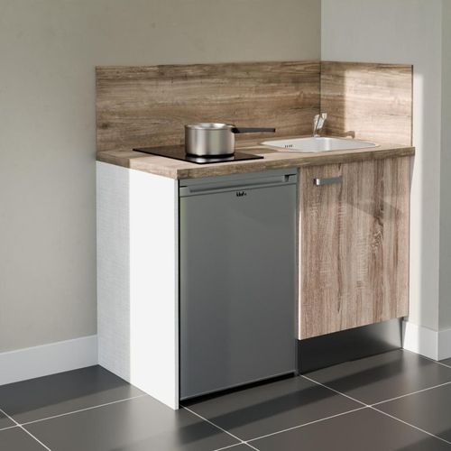 Kitchenette K08l-pt - 120 Cm-façade Bois-plan Bois-evier Inox-crédences Oui+electro Inox