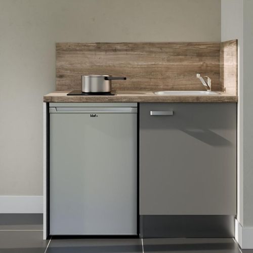 Kitchenette K08l-pt - 120 Cm-façade Gris-plan Bois-evier Inox-crédences Oui+electro Inox