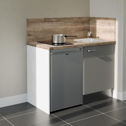 Kitchenette K08l-pt - 120 Cm-façade Gris-plan Bois-evier Inox-crédences Oui+electro Inox