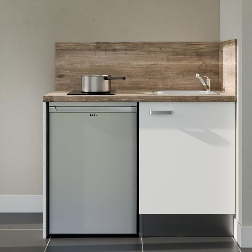 Kitchenette K08l-pt - 120 Cm-façade Blanc-plan Bois-evier Inox-crédences Oui+electro Inox