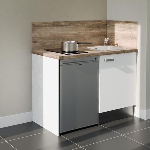 Kitchenette K08l-pt - 120 Cm-façade Blanc-plan Bois-evier Inox-crédences Oui+electro Inox