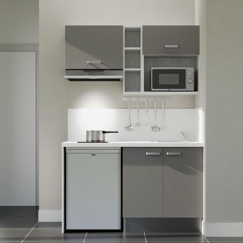Kitchenette K13l-pt - 140 Cm-façade Gris-plan Blanc-evier Inox-crédences Oui+electro Inox