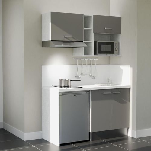 Kitchenette K13l-pt - 140 Cm-façade Gris-plan Blanc-evier Inox-crédences Oui+electro Inox