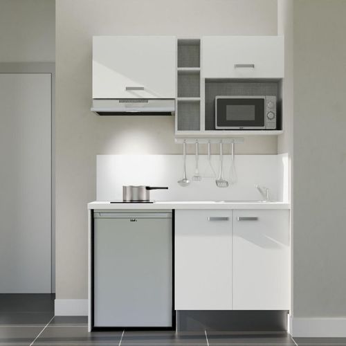 Kitchenette K13l-pt - 140 Cm-façade Blanc-plan Blanc-evier Inox-crédences Oui+electro Inox