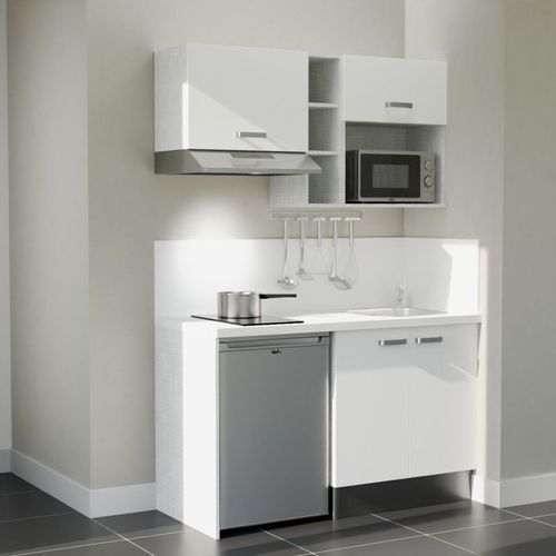 Kitchenette K13l-pt - 140 Cm-façade Blanc-plan Blanc-evier Inox-crédences Oui+electro Inox
