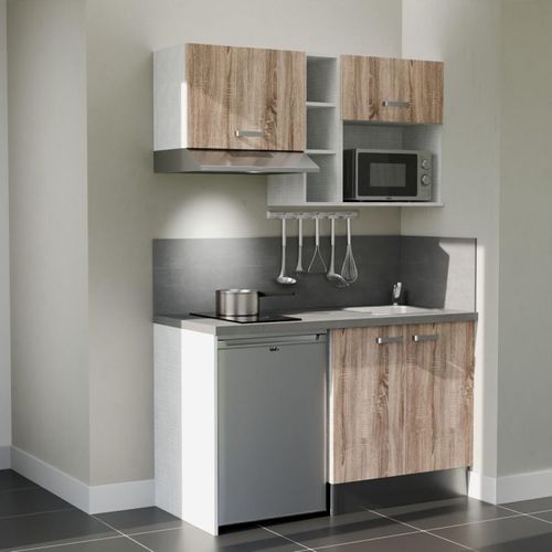 Kitchenette K13l-pt - 140 Cm-façade Bois-plan Gris Béton-evier Inox-crédences Oui+electro Inox
