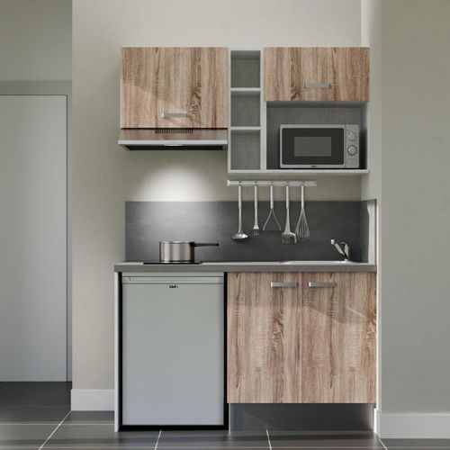 Kitchenette K13l-pt - 140 Cm-façade Bois-plan Gris Béton-evier Inox-crédences Oui+electro Inox
