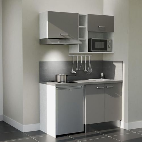 Kitchenette K13l-pt - 140 Cm-façade Gris-plan Gris Béton-evier Inox-crédences Oui+electro Inox
