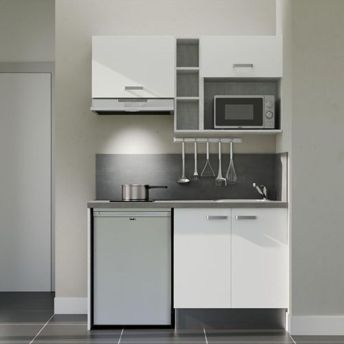 Kitchenette K13l-pt - 140 Cm-façade Blanc-plan Gris Béton-evier Inox-crédences Oui+electro Inox